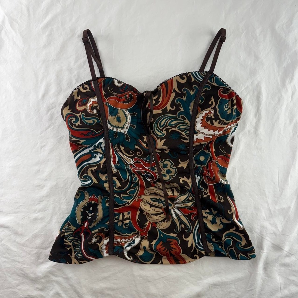 My Michelle Brown Paisley Corset Camisole Tank Top Womens L Y2k Fairy Boho